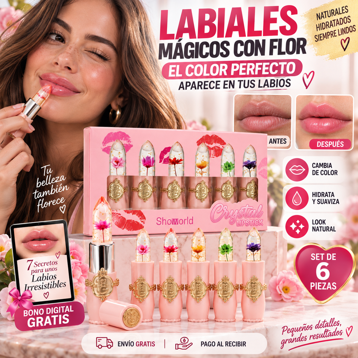 Set 6 Labiales Mágicos con Flor | Color Natural que Cobra Vida en tus Labios + 🎁 “7 Looks de Maquillaje Irresistibles” + Envío Gratis