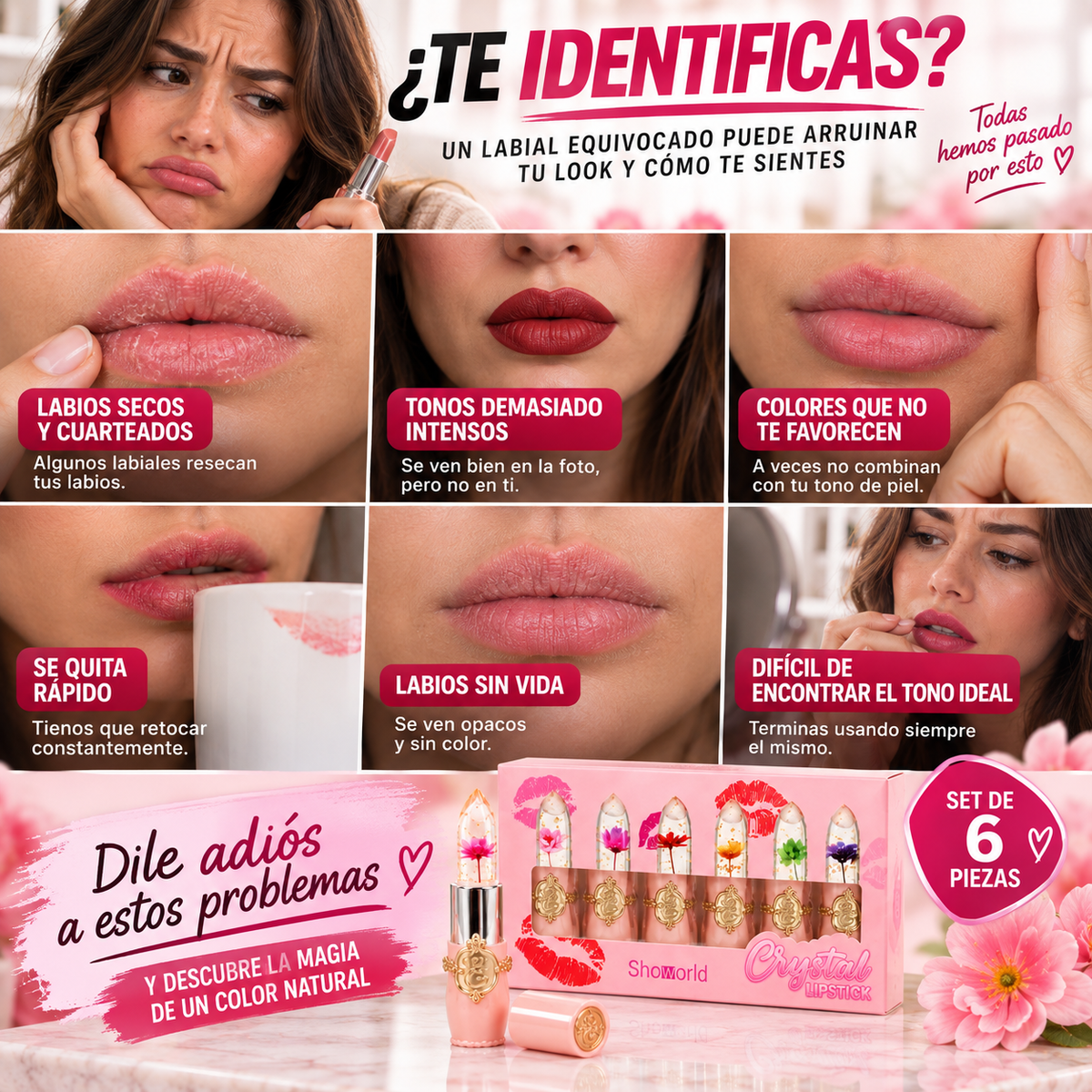 Set 6 Labiales Mágicos con Flor | Color Natural que Cobra Vida en tus Labios + 🎁 “7 Looks de Maquillaje Irresistibles” + Envío Gratis