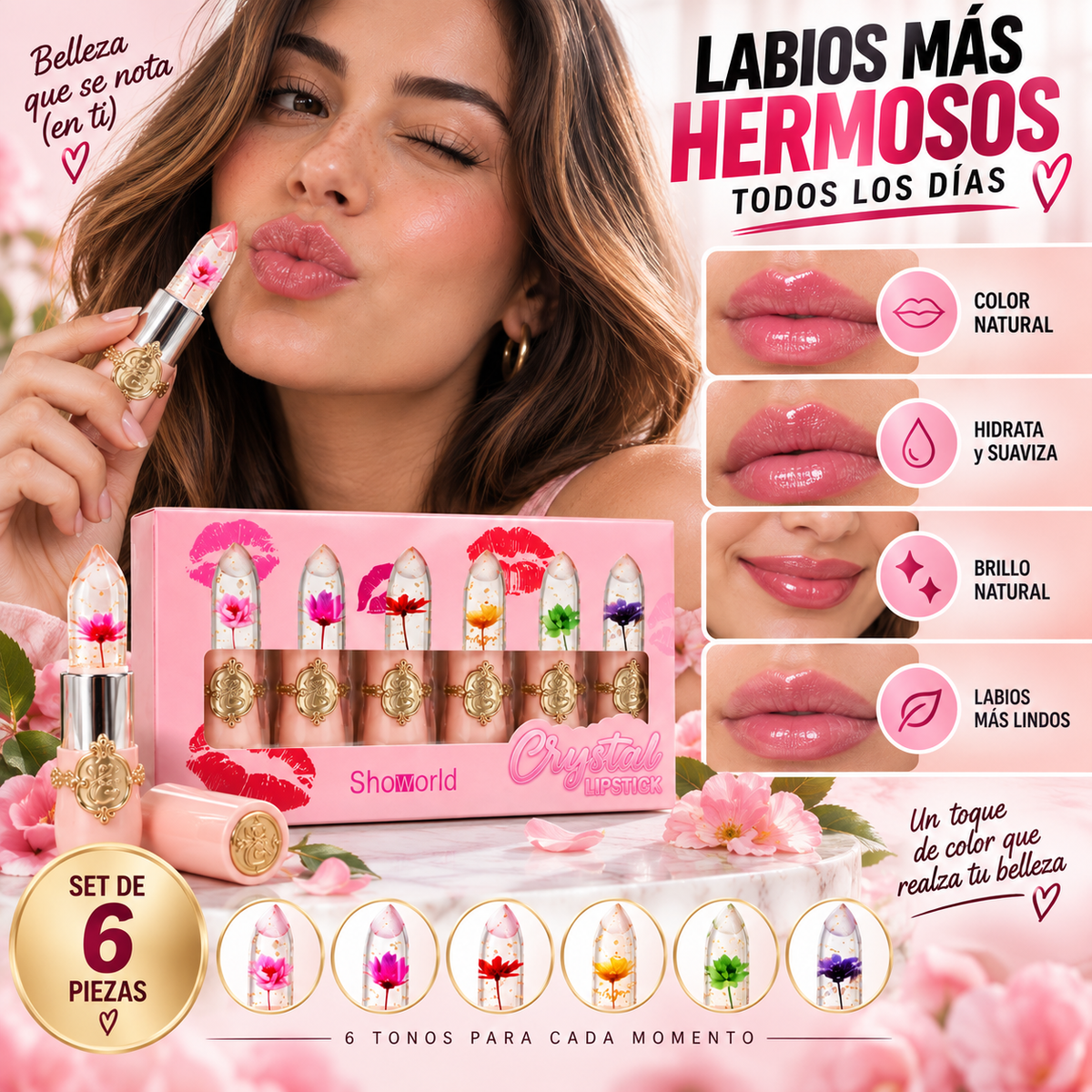 Set 6 Labiales Mágicos con Flor | Color Natural que Cobra Vida en tus Labios + 🎁 “7 Looks de Maquillaje Irresistibles” + Envío Gratis