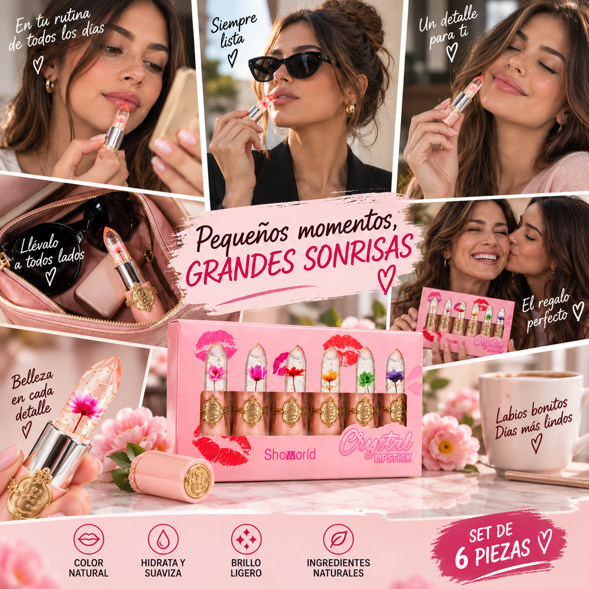Set 6 Labiales Mágicos con Flor | Color Natural que Cobra Vida en tus Labios + 🎁 “7 Looks de Maquillaje Irresistibles” + Envío Gratis