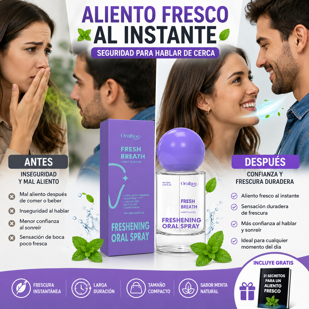 2 en 1 FreshBreath™ Spray Bucal Refrescante de Larga Duración + 🎁 Guía "21 Secretos para un Aliento Fresco"+ Envío Gratis