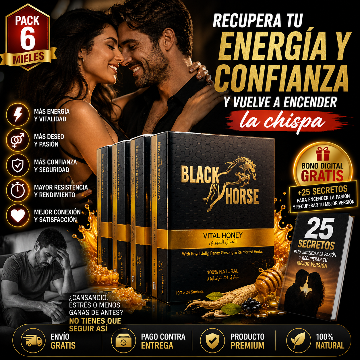 Pack 6 Mieles Black Horse™ | Pasión y Confianza para Hombres y Mujeres | + 🎁 "25 Secretos para Encender la Pasión y Recuperar tu Mejor Versión" + Envío Gratis
