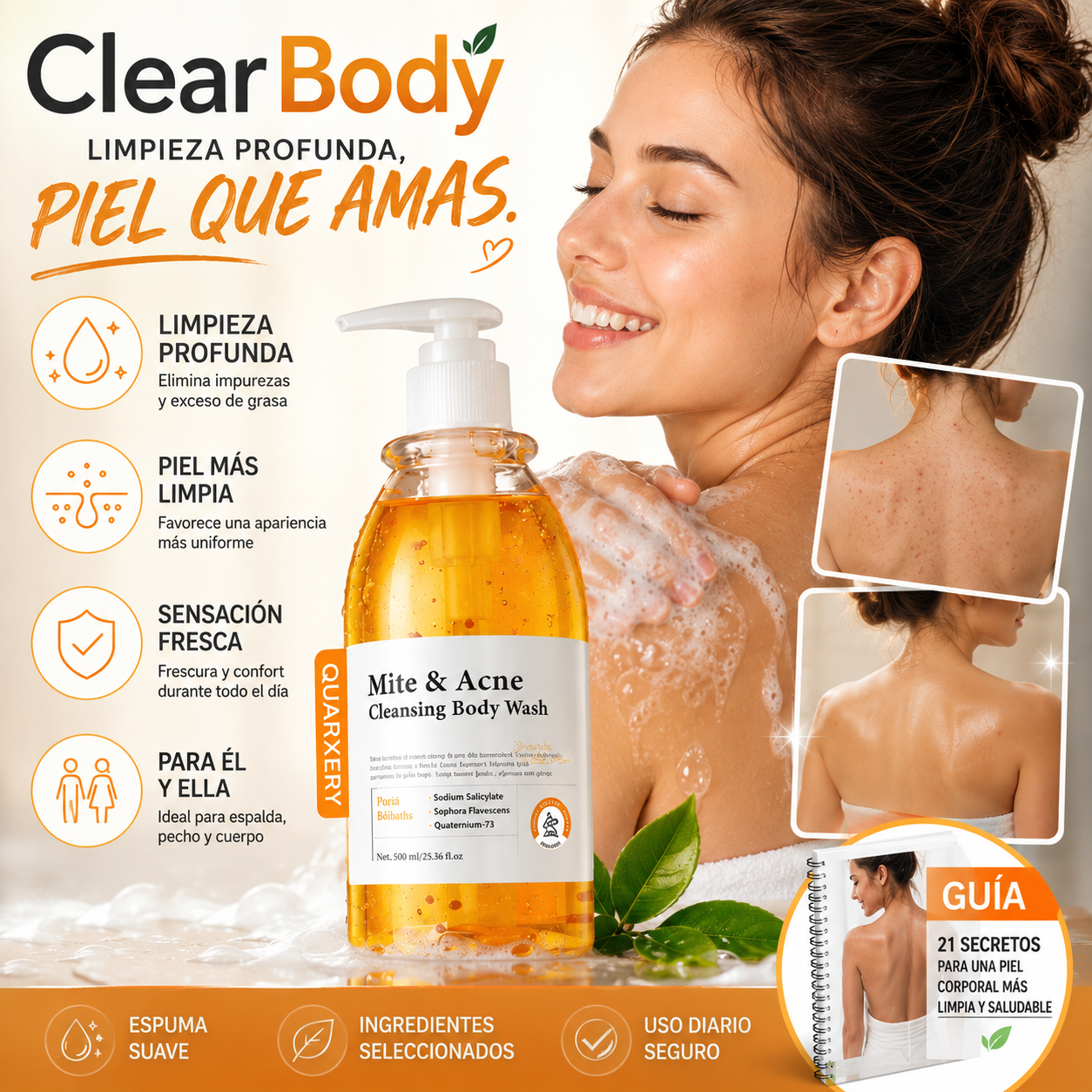 2 en 1 ClearBody™ Gel Limpiador Corporal Purificante | Elimina Granitos de Espalda, Pecho y Piel + 🎁 Guía "21 Secretos para una Piel Corporal Más Limpia" + Envío Gratis