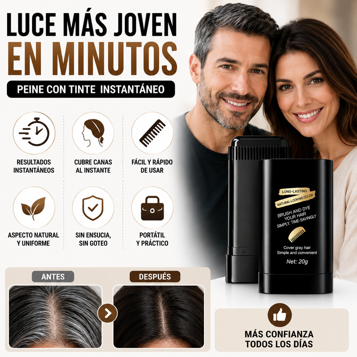 2 en 1 Peine GrayAway™ – Tinte Instantáneo para Cubrir Canas en Minutos + 🎁 Guía “7 Trucos para Verte Más Joven con tu Cabello” + Envío Gratis