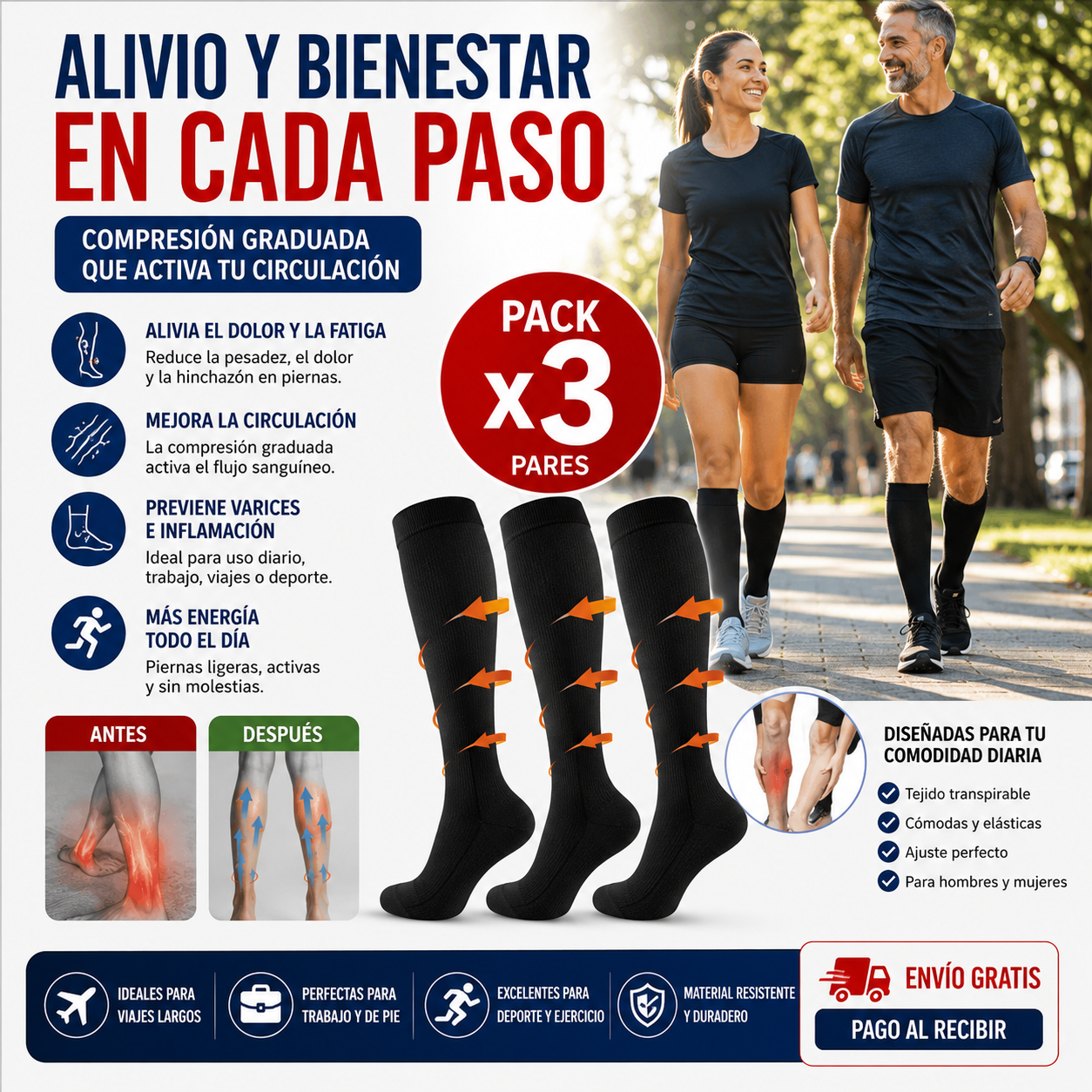 Pack x3 Calcetas de Compresión Graduada™ | Mejorar la Circulación y Aliviar la Fatiga Piernas + 🎁 Guía "21 Ejercicios para Mejorar la Circulación y Descansar tus Piernas" + Envío Gratis