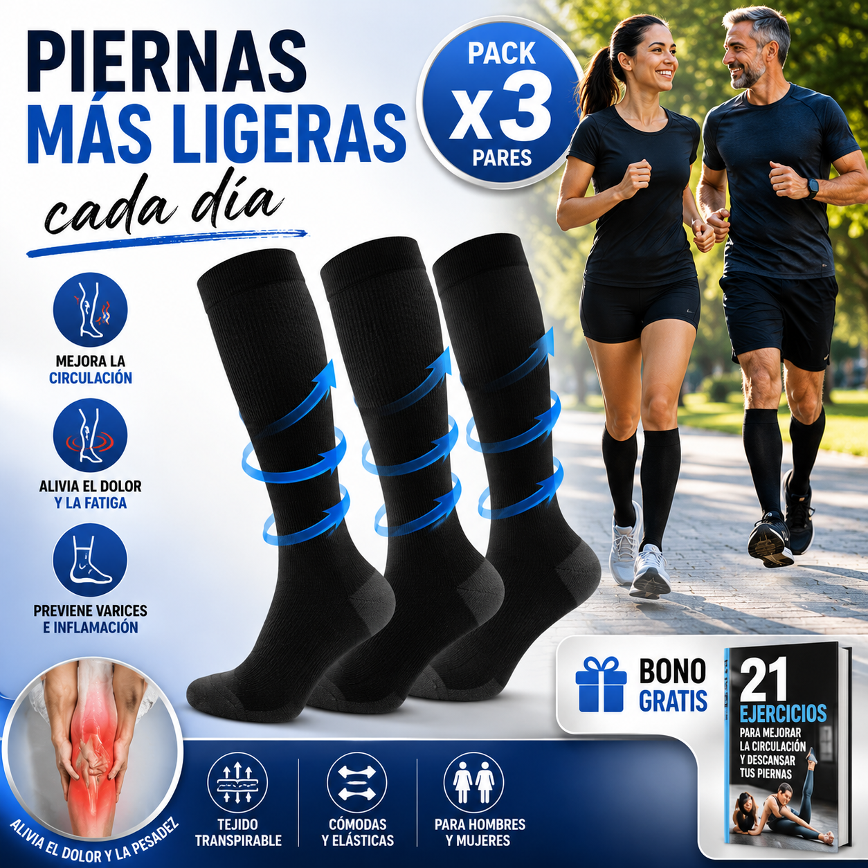 Pack x3 Calcetas de Compresión Graduada™ | Mejorar la Circulación y Aliviar la Fatiga Piernas + 🎁 Guía "21 Ejercicios para Mejorar la Circulación y Descansar tus Piernas" + Envío Gratis