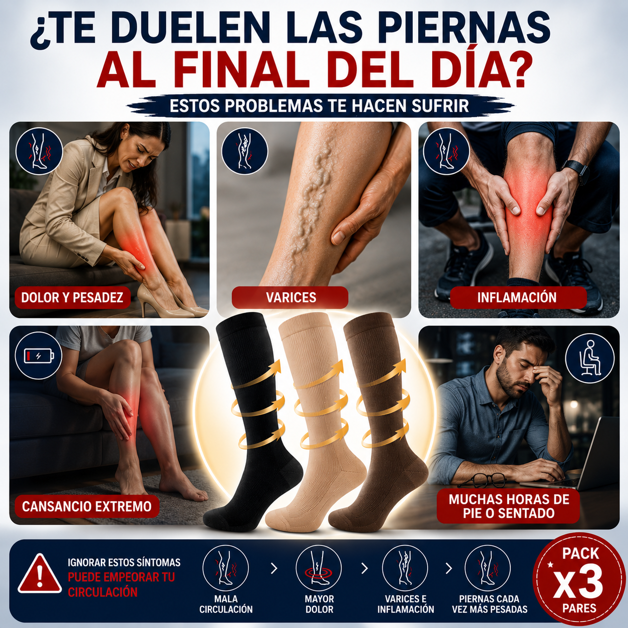 Pack x3 Calcetas de Compresión Graduada™ | Mejorar la Circulación y Aliviar la Fatiga Piernas + 🎁 Guía "21 Ejercicios para Mejorar la Circulación y Descansar tus Piernas" + Envío Gratis