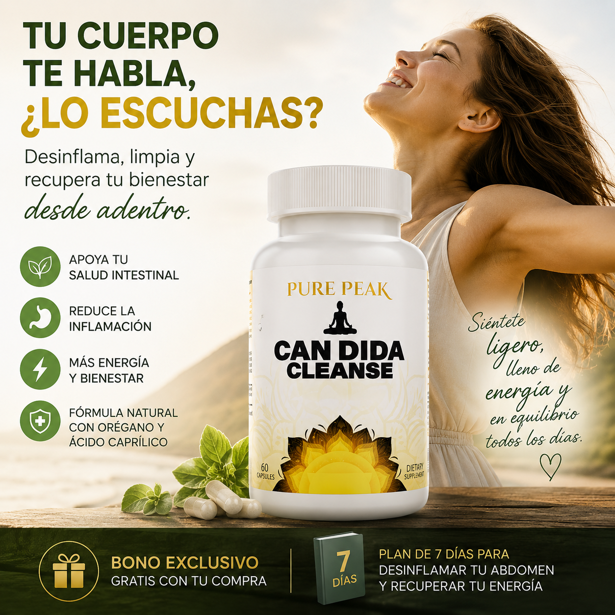 60 Caps CandidaClean – Fórmula con Orégano y Ácido Caprílico | Apoya tu Digestión y Reduce la Inflamación + 🎁 Plan “7 Días para Desinflamar tu Abdomen” GRATIS + Envío Gratis