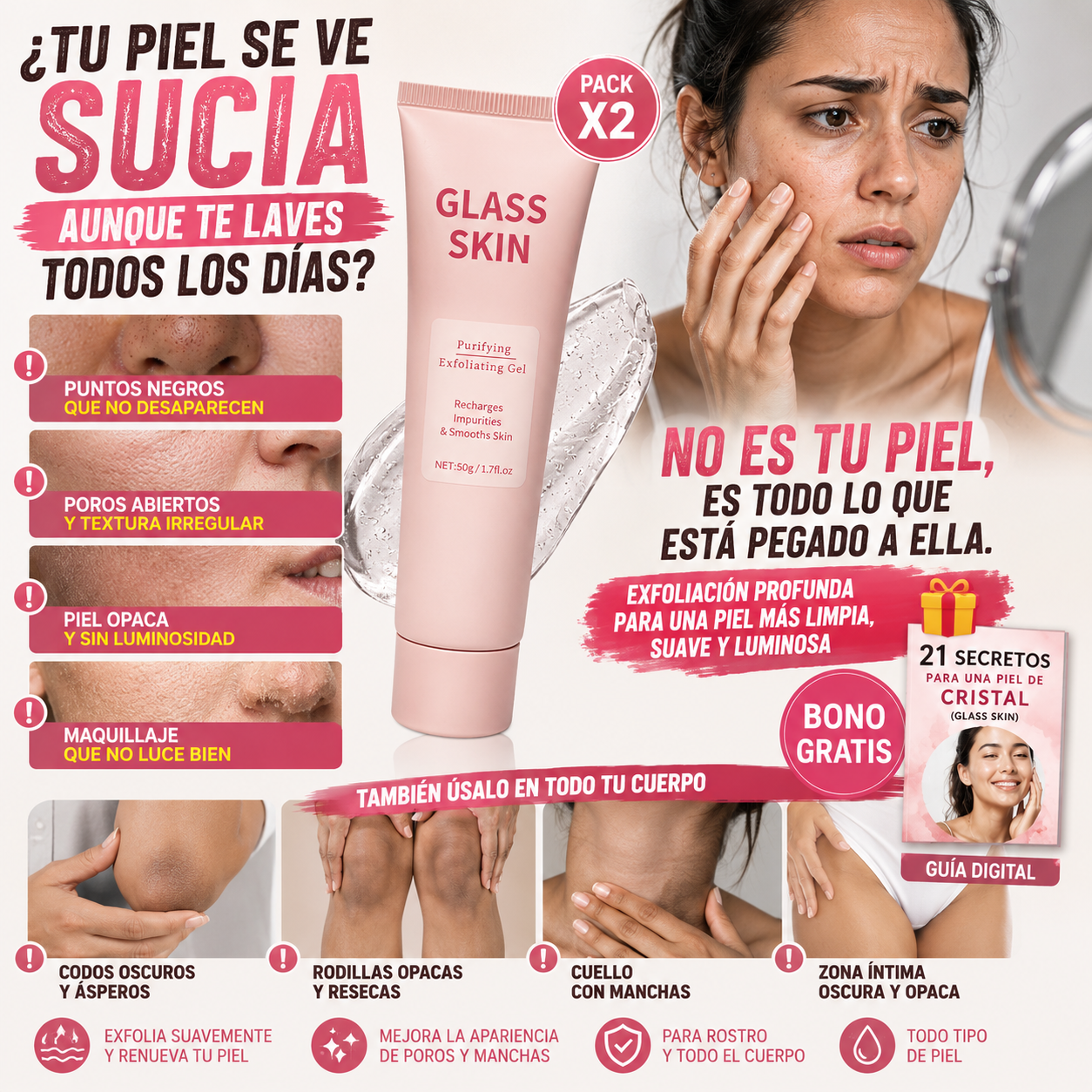 Pack x2 Gel Glass Skin - Exfoliante Purificante para Rostro y Cuerpo + 🎁 Guía "21 Secretos para una Piel de Cristal (Glass Skin)" + Envío Gratis