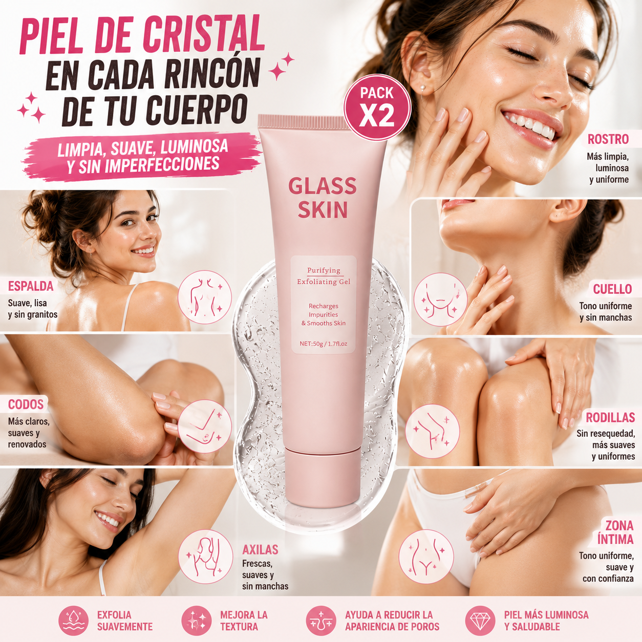 Pack x2 Gel Glass Skin - Exfoliante Purificante para Rostro y Cuerpo + 🎁 Guía "21 Secretos para una Piel de Cristal (Glass Skin)" + Envío Gratis
