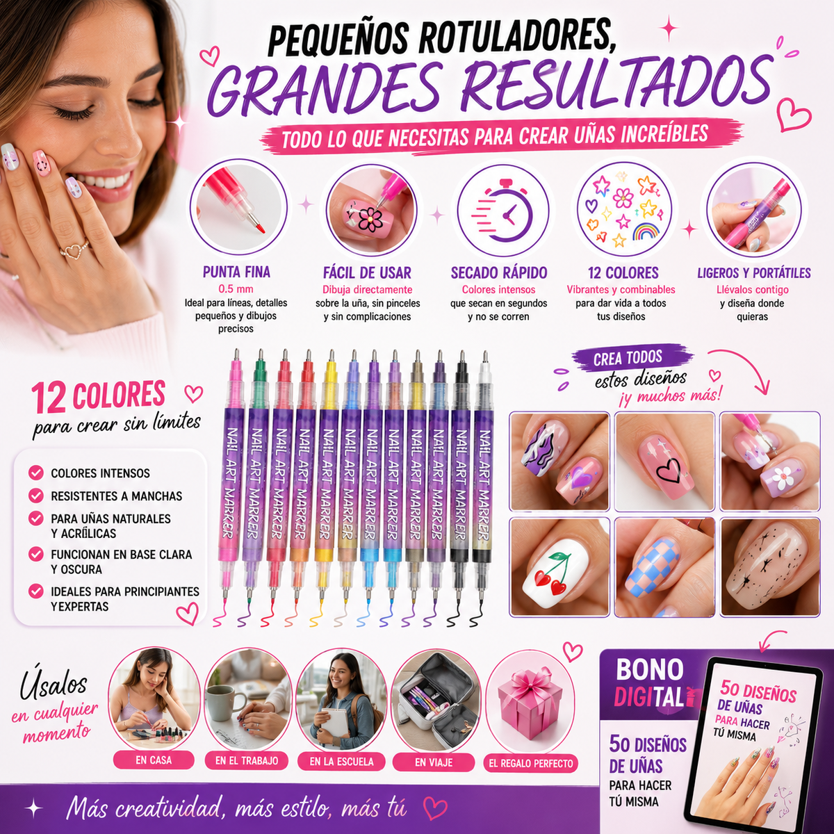12 Rotuladores Mágicos para Uñas + 🎁 “50 Diseños de Uñas para Hacer Tú Misma” + Envío Gratis