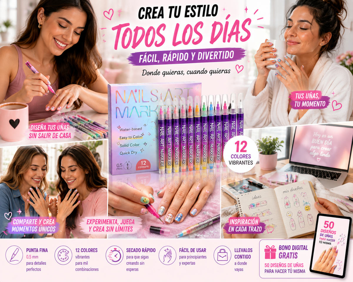 12 Rotuladores Mágicos para Uñas + 🎁 “50 Diseños de Uñas para Hacer Tú Misma” + Envío Gratis