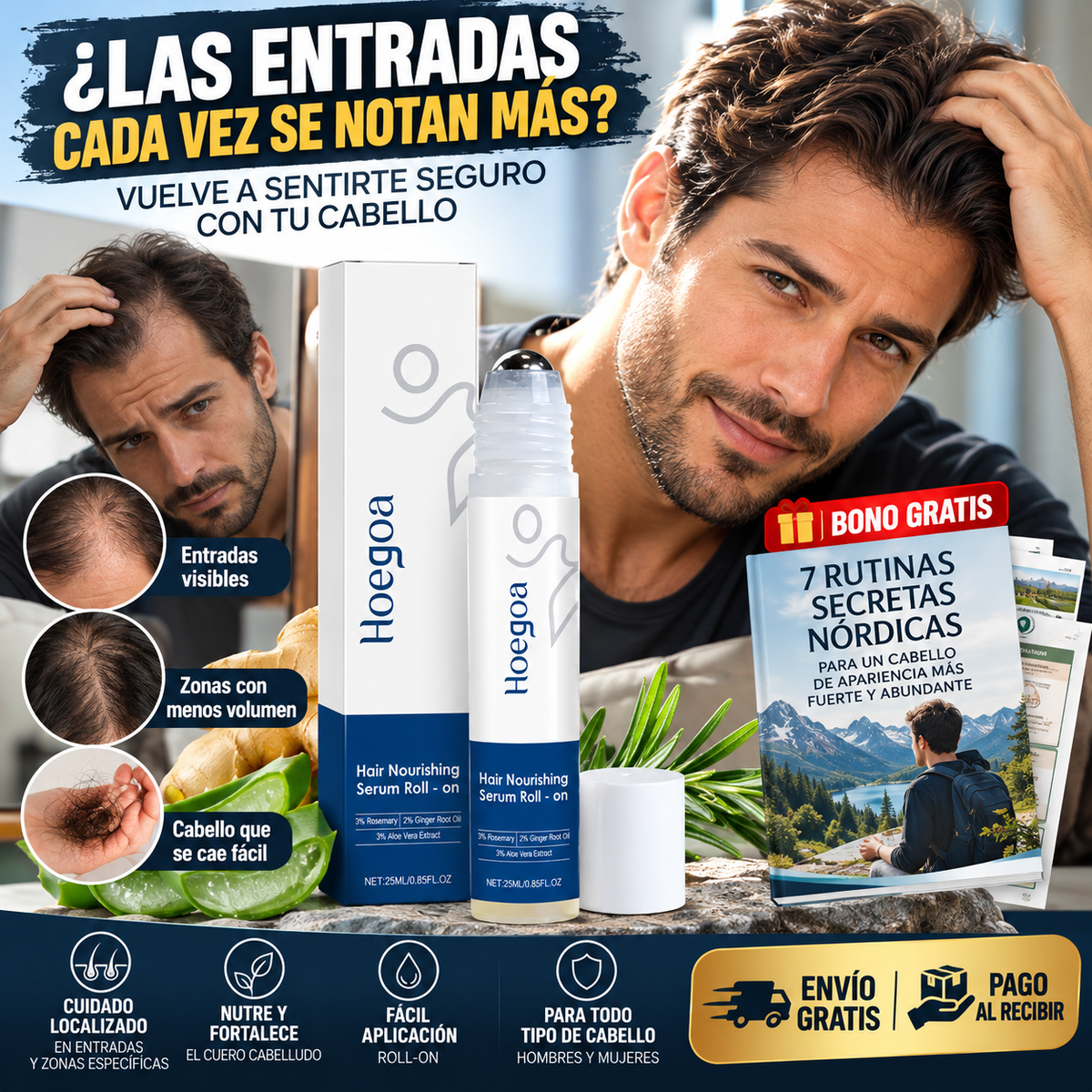 Sérum Capilar Roll-On 25 ml | para Entradas y Caída de Cabello + 🎁 7 Rutinas Secretas Nórdicas + Envío Gratis